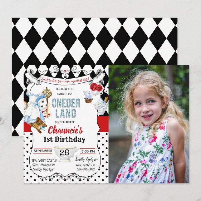 1st First Birthday Alice in Wonderland Invitation (Front/Back)