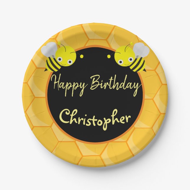 1st First Birthday Bee Day Name Paper Plates (Front)