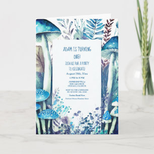 1st First Birthday Blue White Mushroom Woods Party Invitation