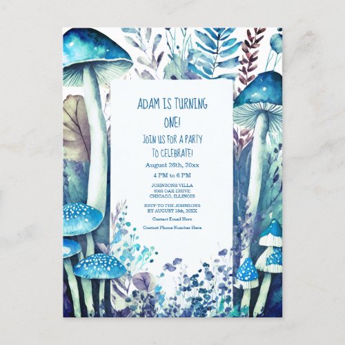 1st First Birthday Blue White Mushroom Woods Party Invitation Postcard