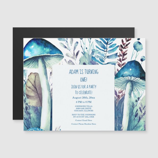 1st First Birthday Blue White Mushroom Woods Party Magnetic Invitation (Front/Back)