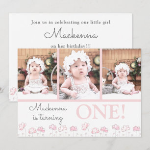 1st First Birthday Blush Pink Floral Photo Collage Invitation