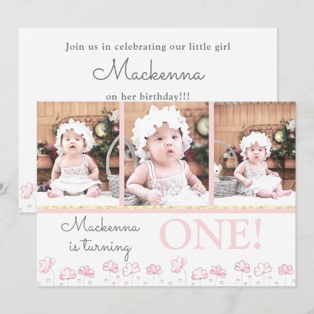 1st First Birthday Blush Pink Gold Photo Collage Invitation (Front/Back)