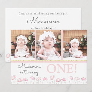 1st First Birthday Blush Pink Gold Photo Collage Invitation