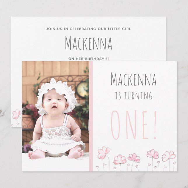 1st First Birthday Blush Pink Simple Girls Photo Invitation (Front/Back)