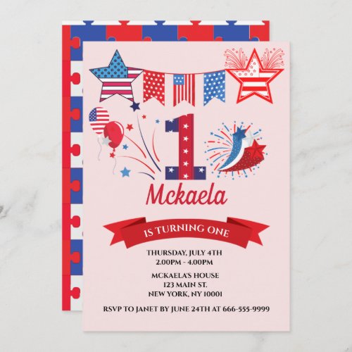 1st First Birthday Boy Girl 4th July Fourth Invitation