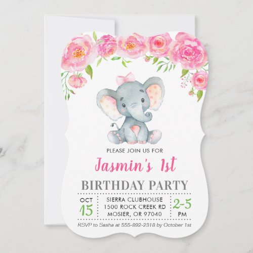 1st First Birthday Girl Floral Pink Elephant Party Invitation