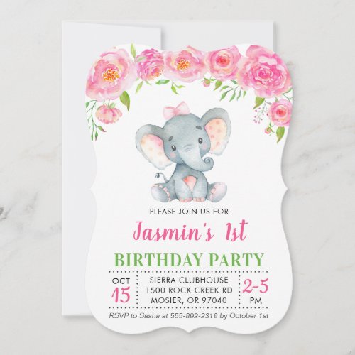 1st First Birthday Girl Floral Pink Elephant Party Invitation