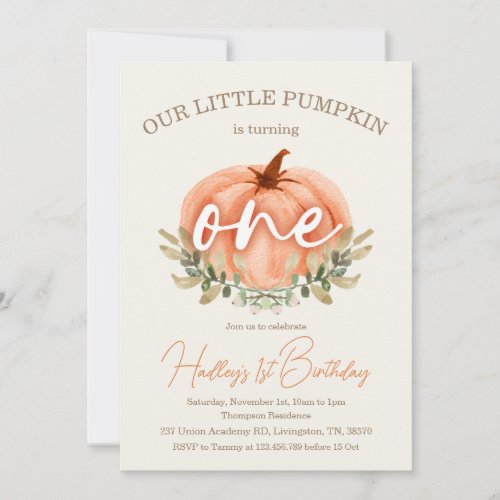 1st First Birthday Little Pumpkin Fall  Autumn   Invitation