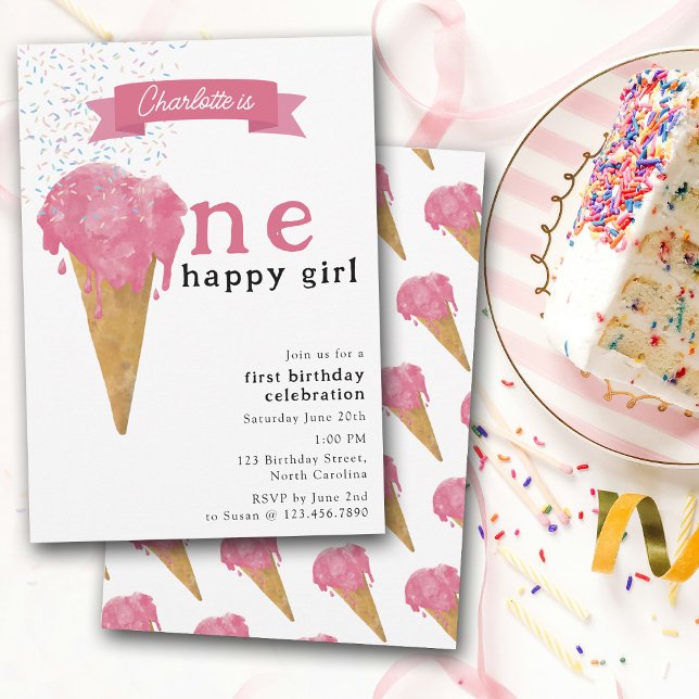 1st First Birthday One Happy Girl Pink Ice Cream Invitation (1st First Birthday One Happy Girl Pink Ice Cream Invitation)