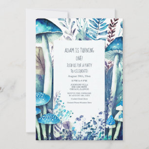 1st First Birthday Party Blue Mushrooms Boho Woods Invitation