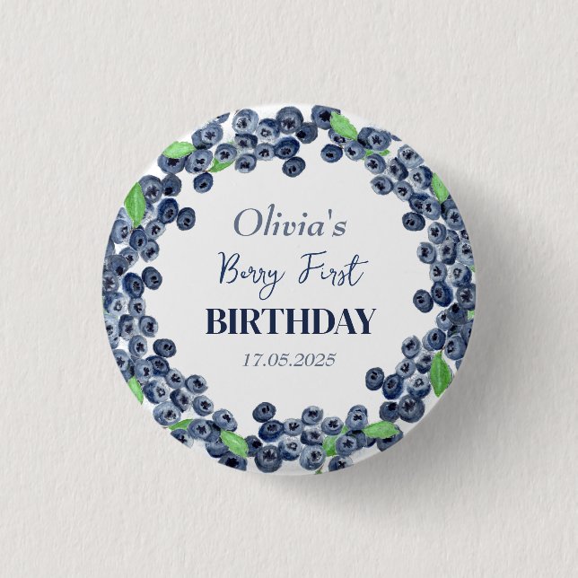 1st First Birthday Party Blueberry Baby Girl Button (Front)