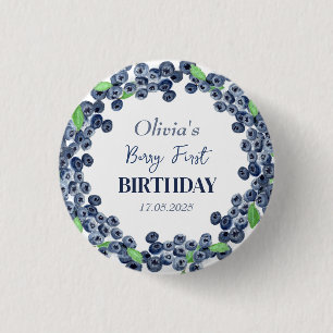 1st First Birthday Party Blueberry Baby Girl Button