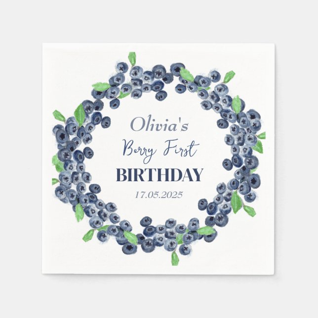 1st First Birthday Party Blueberry Baby Girl Napkins (Front)