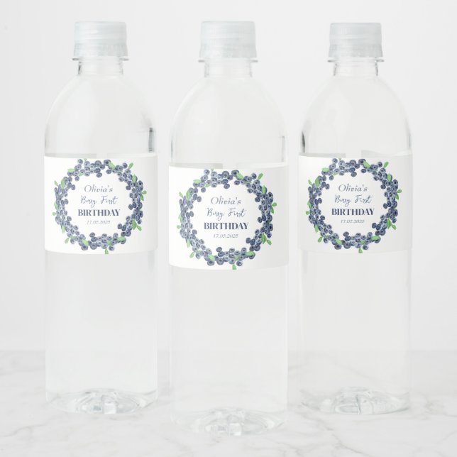 1st First Birthday Party Blueberry Baby Girl Water Bottle Label (Bottles)