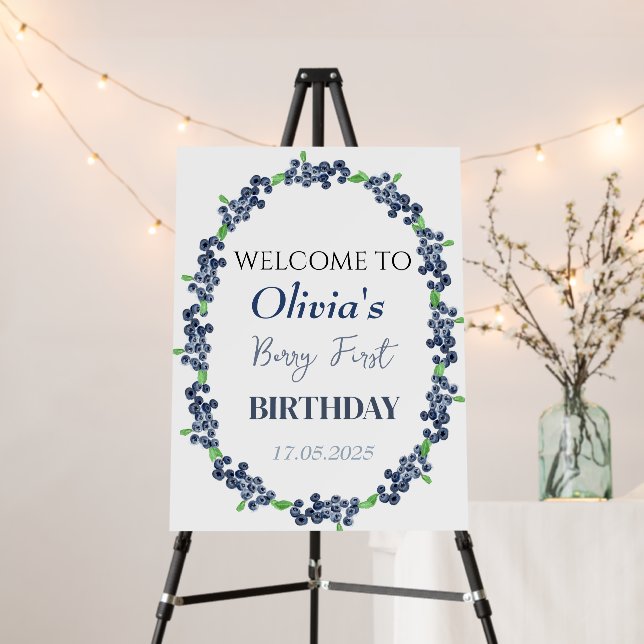 1st First Birthday Party Blueberry Welcome Sign (In Situ (Stand))