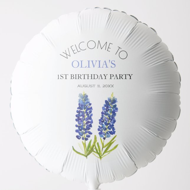 1st First Birthday Party Bluebonnets Baby Girl Balloon (Front)