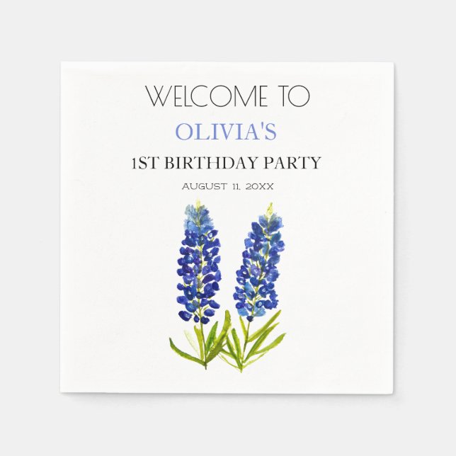 1st First Birthday Party Bluebonnets Baby Girl Napkins (Front)