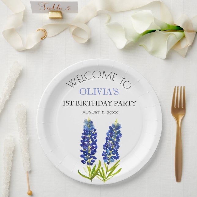 1st First Birthday Party Bluebonnets Baby Girl Paper Plates (Wedding)