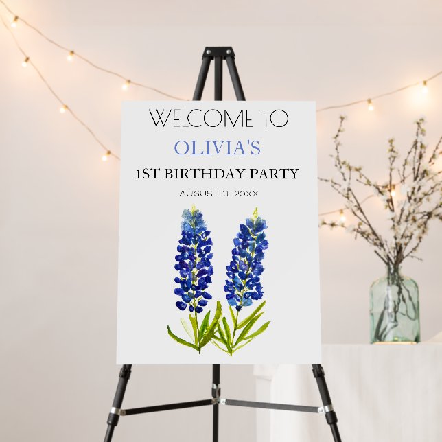 1st First Birthday Party Bluebonnets Welcome Sign (In Situ (Stand))