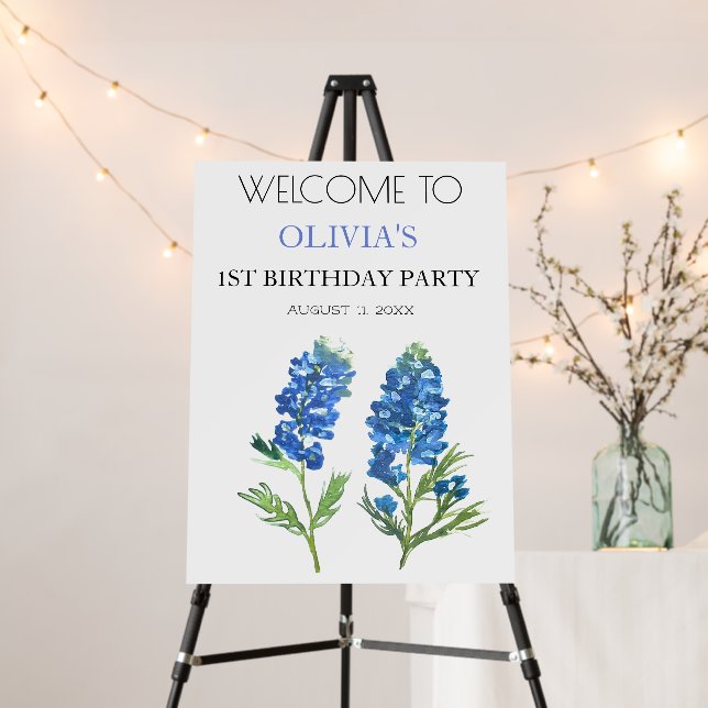 1st First Birthday Party Bluebonnets Welcome Sign (In Situ (Stand))