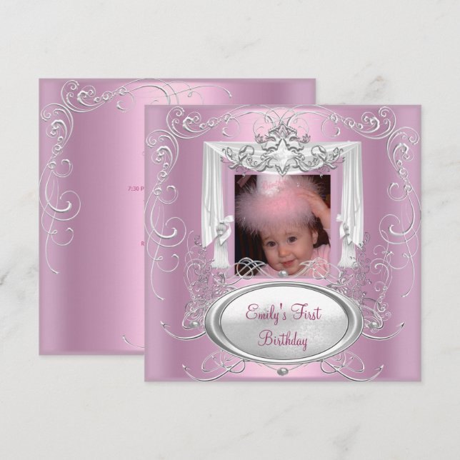 1st First Birthday Party Girl Pink Silver Star Invitation (Front/Back)
