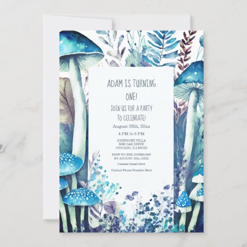 1st First Birthday Party Mushroom Woods Blue White Invitation