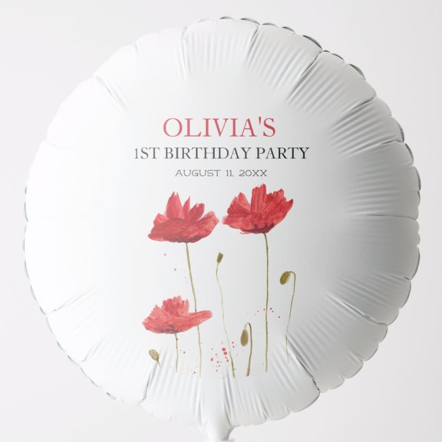 1st First Birthday Party Poppies Baby Girl Balloon (Front)