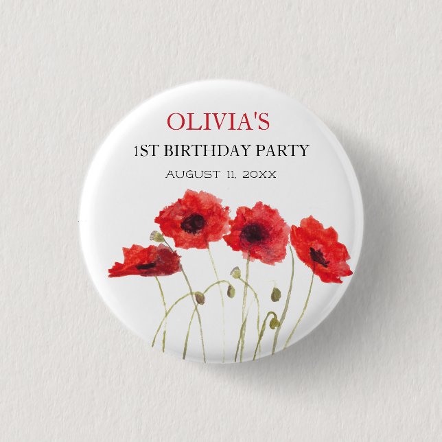 1st First Birthday Party Poppies Baby Girl Button (Front)