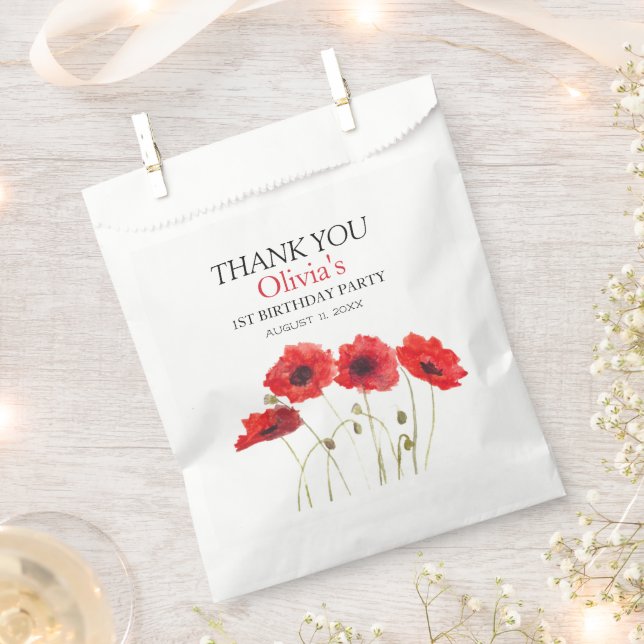 1st First Birthday Party Poppies Baby Girl Favor Bag (Clipped)