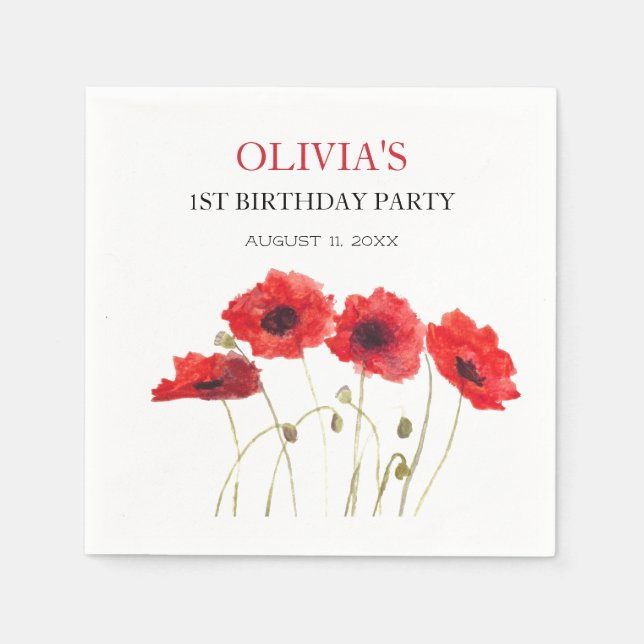 1st First Birthday Party Poppies Baby Girl Napkins (Front)