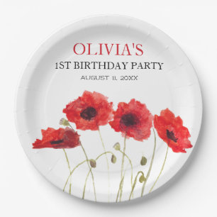 1st First Birthday Party Poppies Baby Girl Paper Plates