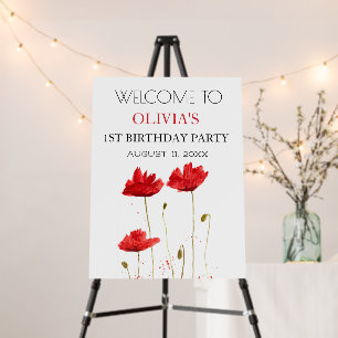 1st First Birthday Party Red Poppies Welcome Sign