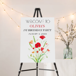 1st First Birthday Party Red Poppies Welcome Sign