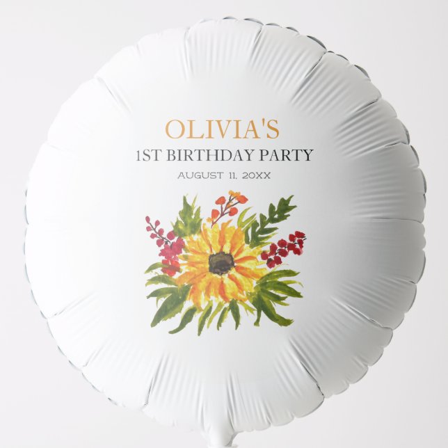 1st First Birthday Party Sunflower Baby Girl Balloon (Front)