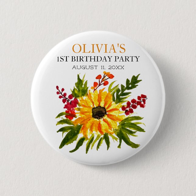 1st First Birthday Party Sunflower Baby Girl Button (Front)