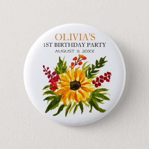 1st First Birthday Party Sunflower Baby Girl Button