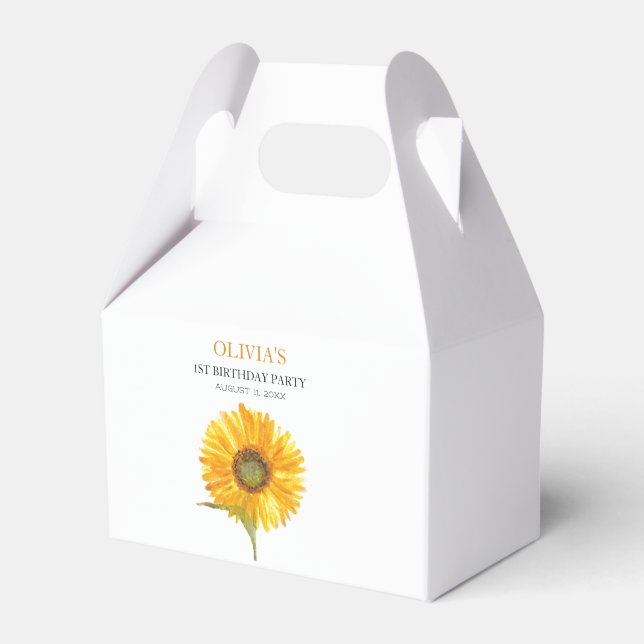 1st First Birthday Party Sunflower Baby Girl Favor Boxes (Front Side)