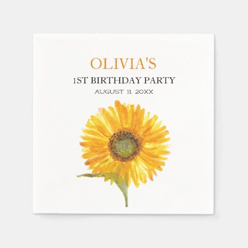 1st First Birthday Party Sunflower Baby Girl Napkins