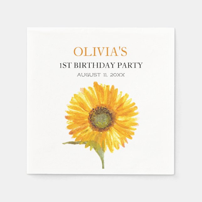 1st First Birthday Party Sunflower Baby Girl Napkins (Front)