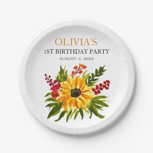 1st First Birthday Party Sunflower Baby Girl Paper Plates