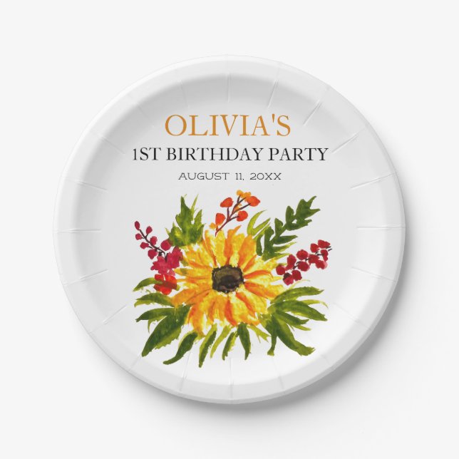 1st First Birthday Party Sunflower Baby Girl Paper Plates (Front)