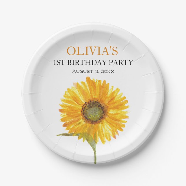 1st First Birthday Party Sunflower Baby Girl Paper Plates (Front)