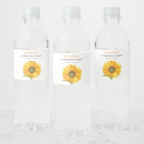 1st First Birthday Party Sunflower Baby Girl Water Bottle Label