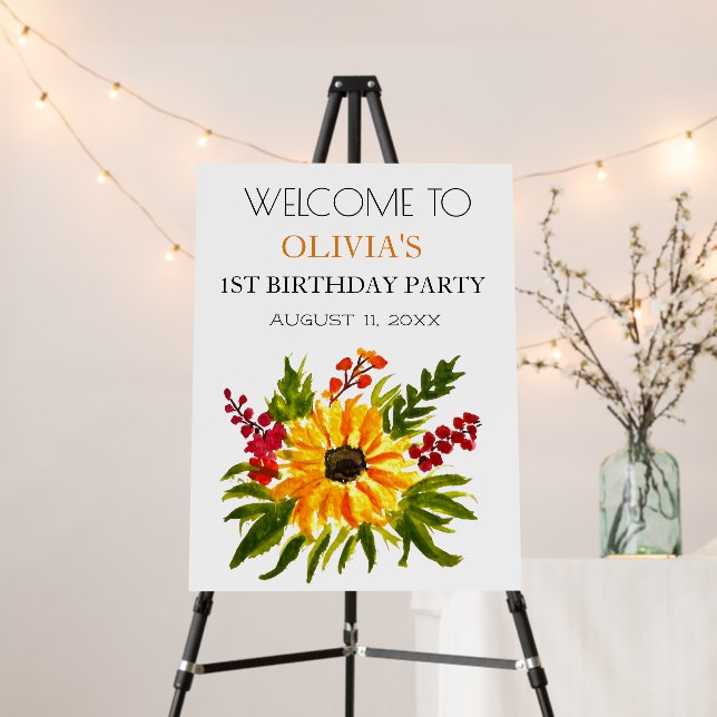 1st First Birthday Party Sunflower Welcome Sign (In Situ (Stand))