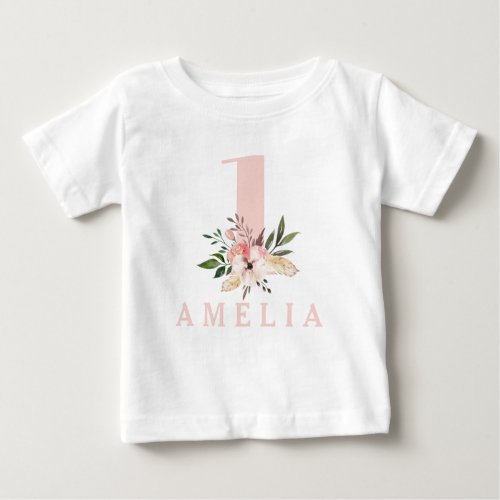 1st first birthday pink girly floral birthday baby T_Shirt