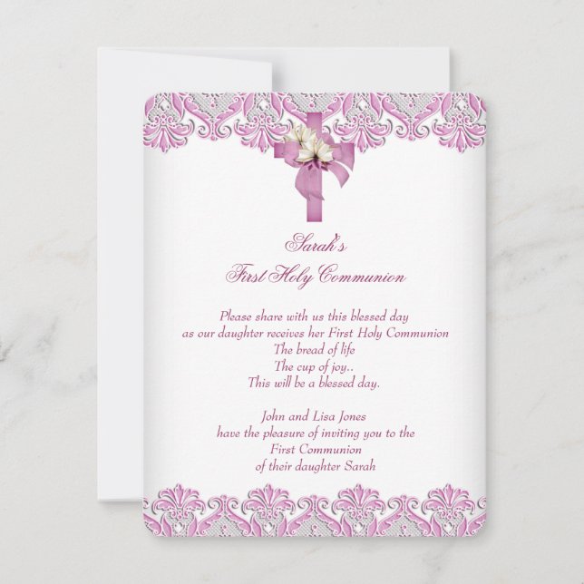 1st First Holy Communion Cross Girls White Pink Invitation (Front)