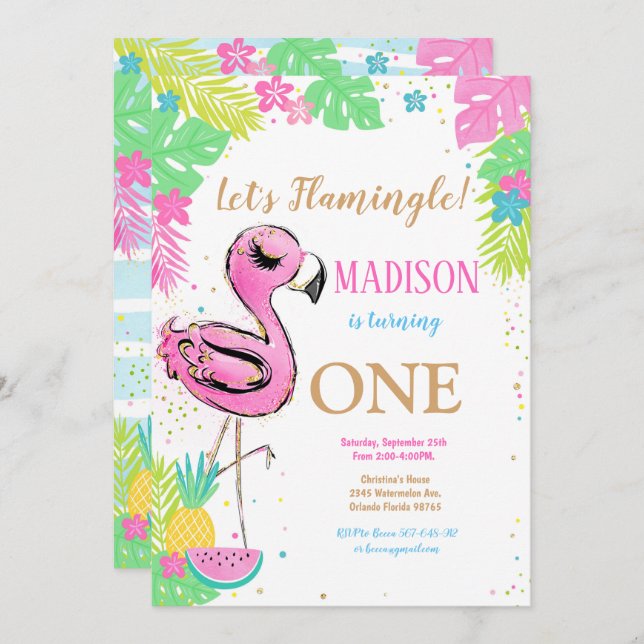 1st Flamingo Birthday Invitation (Front/Back)