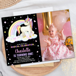 1st Floral Black Photo Unicorn Birthday Invitation