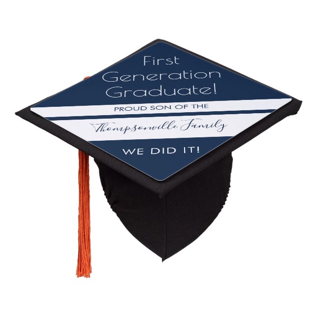1st Generation Graduate Success Family Name Blue Graduation Cap Topper (Angled)